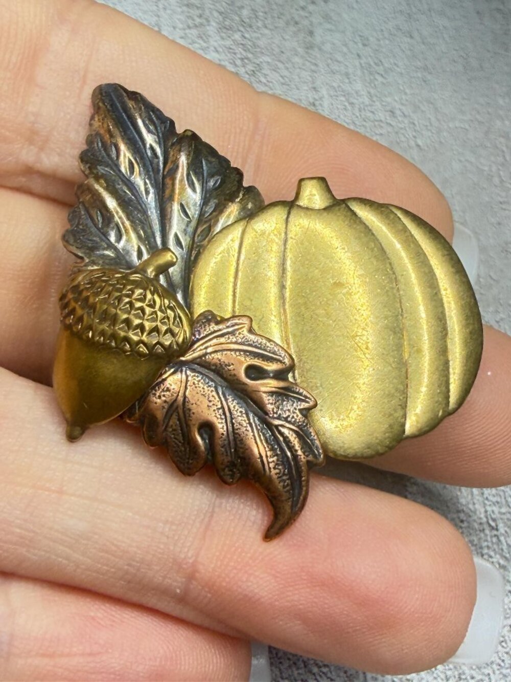 Pumpkin Acorn Leaf Brooch Tri Color Vintage Pin 1.5 inches
